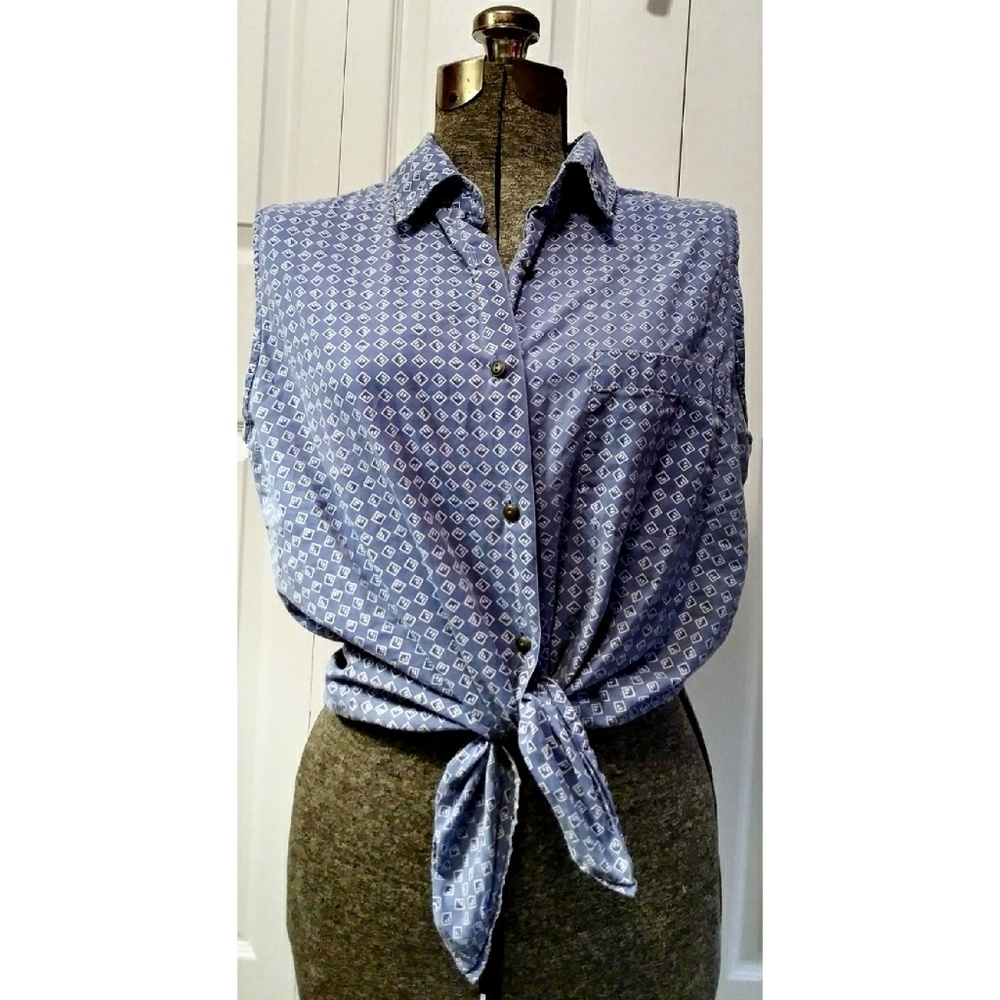 90's Patterned Blue Button Down Collared Tank